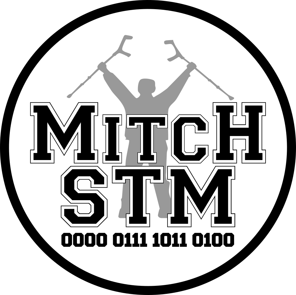 Logotype MitchSTM, in the background a silhouette of a man triumphantly raising his crutches in the air, binary number 0000 0111 1011 0100 written at the bottom.